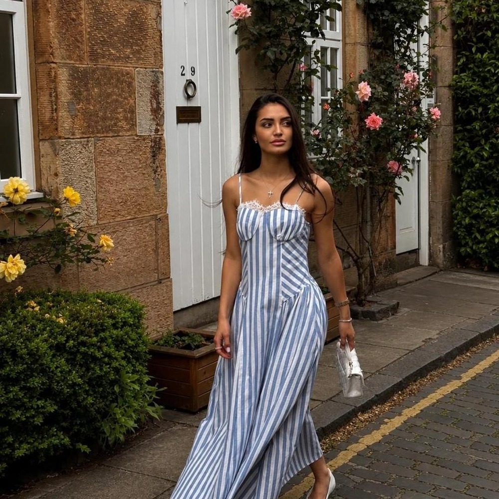 Commense white and blue striped maxi dress in size M   NWT